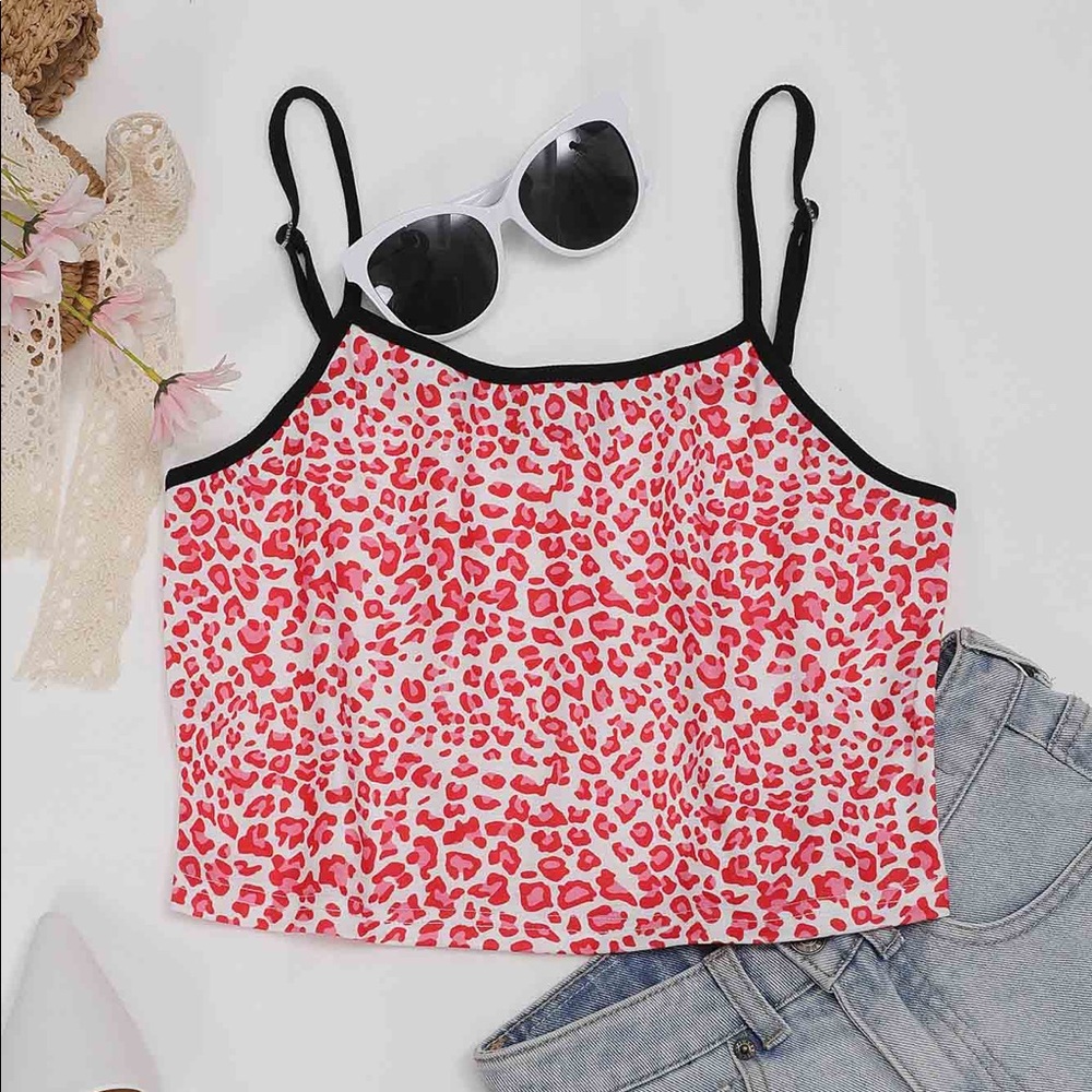 Red leopard print crop cami top